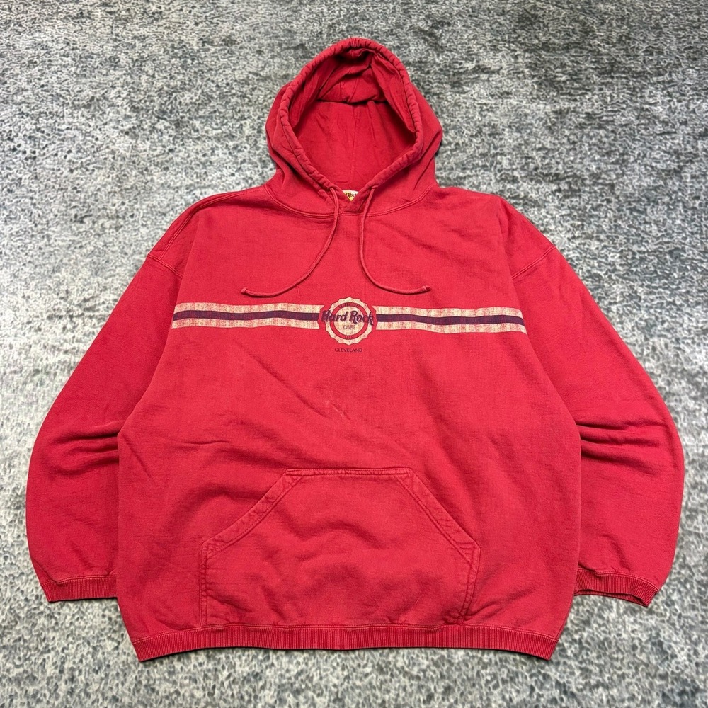Vintage 90s Hard Rock Cafe Hoodie Mens XL Red Cleveland Pullover Sweatshirt